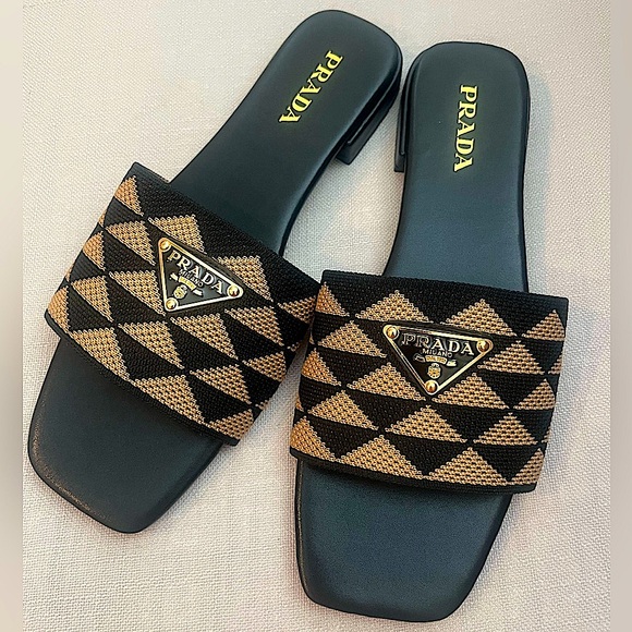 NWOB Prada Women's Embroidered Fabric Slides in Black/Beige - Picture 2 of 14